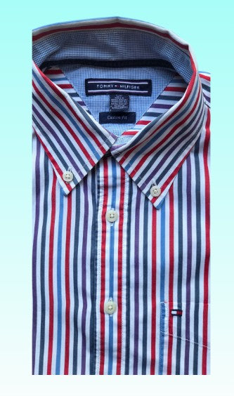 A-grade: Tommy Hilfiger overhemd - kleur blauw, rood, wit gestreept - maat S